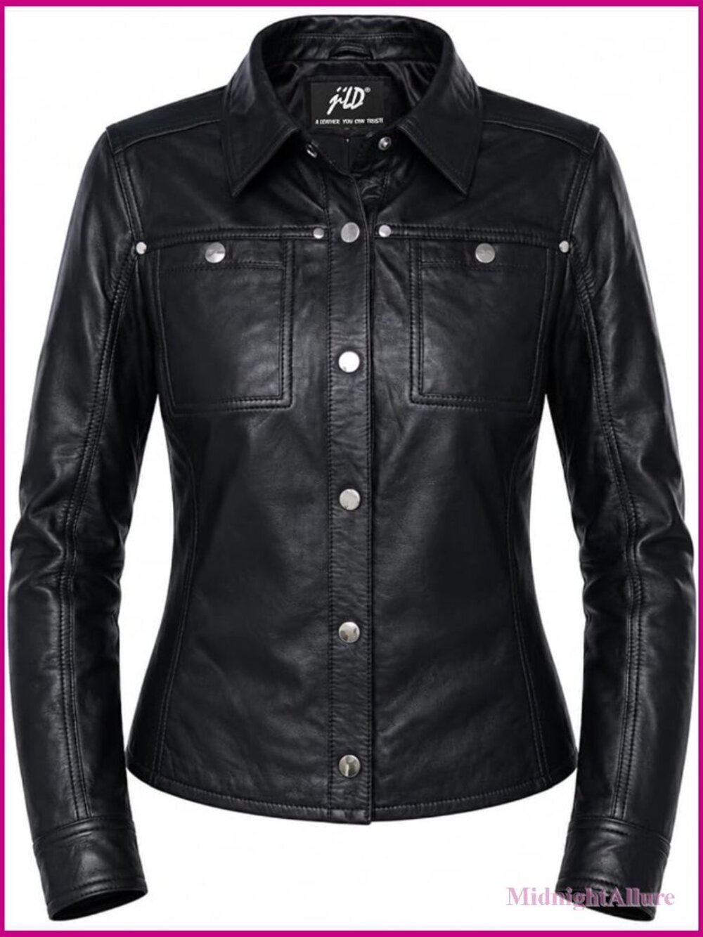 Women's Button Front Lambskin Leather Jacket Shacket Long Sleeve with Pockets